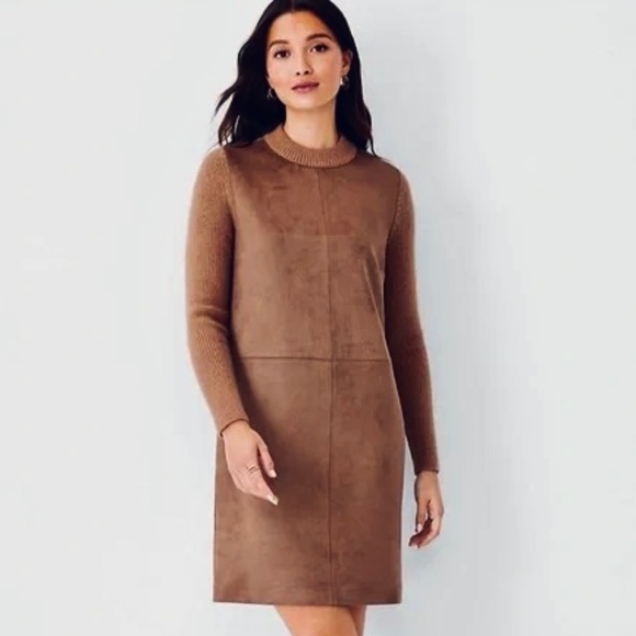 Ann Taylor Faux Suede Mixed Media Sweater Dress - Walnut Shell - Medium - Picture 1 of 10